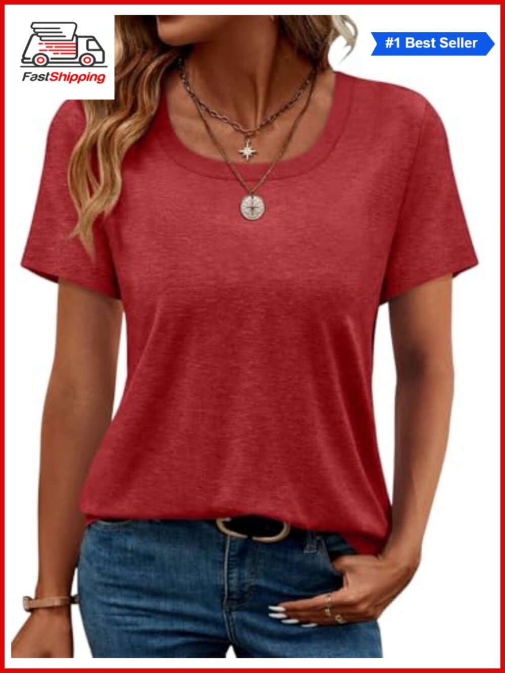 Square Neck Short Sleeve T-Shirt Casual Loose Fit Tee for Work Beach